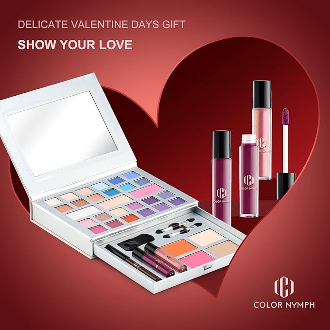 Color Nymph Makeup Kit for Teens, All in One Makeup Kit for Women Included 24 Colors of Matte Shimmer Eyeshadow, Highly Pigmented Lip Glosses, Eyeliner Pencil, Brushes, and Mirror