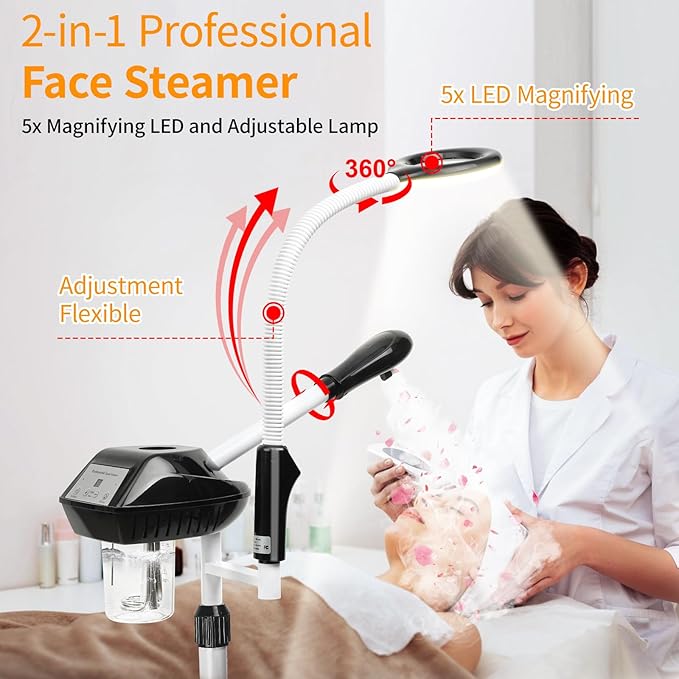 Professional Facial Steamer, 2 in 1 Facial Steamer on Wheels with 5X Magnifying Lamp, Steamer for Face Adjustable Height, Steamer for Facial for Salon, Spa and at Home Use