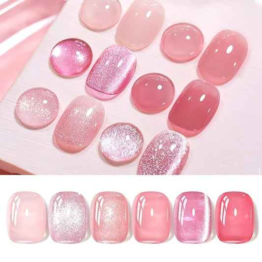 Born Pretty Gel Nail Polish Pink Nude Series,Jelly Transparent,Cat Magnetic Eye,Shimmer Glitter Holographic Pink Nude Gel Polish Kit for Salon Manicure and Nail Art DIY at Home 6Colors