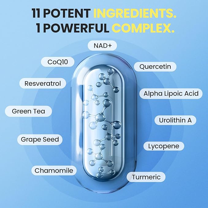 NAD Supplement Extra Strength - Liposomal + Resveratrol for Women & Men, CoQ10, Alpha Lipoic Acid, Green Tea, Quercetin, Urolithin A, Lycopene – High Purity Anti-Aging, Energy & Regeneration – 60ct