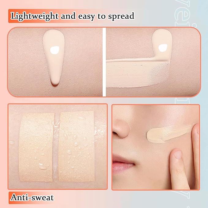 Full Coverage Concealer Foundation,Oil Control Long Lasting Lightweight BB Cream Tinted Face Moisturizer with SPF 50+ PA+++,Moisturizing CC Cream Liquid Foundation Makeup Brush Set（2 Pack）