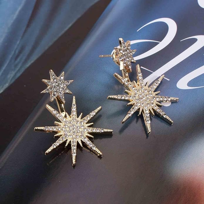 Starburst Jacket Earrings Gold Rhinestone Sun Earrings Front Back Studs Earrings Boho Celestial Earrings Jewelry for Women and Girls Gifts