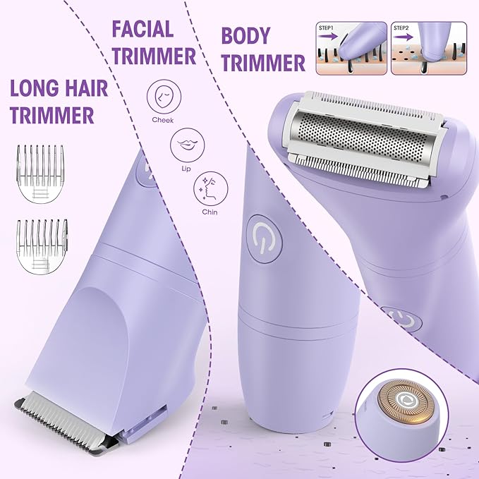 Lanumi 3 in 1 Bikini Trimmer for Women Rechargeable Electric Razors Wet/Dry Pubic Body Hair Trimmer Facial Hair Remover IPX6 Waterproof LCD Display