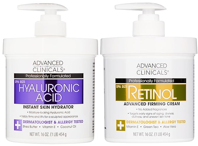 Advanced Clinicals Retinol Cream + Hyaluronic Acid Lotion Face & Body Skin Care. Anti Aging Dry Skin Rescue Creams Reduce Appearance Of Wrinkles, Fine Lines, & Sagging Skin, 16 Oz (Pack of 2)