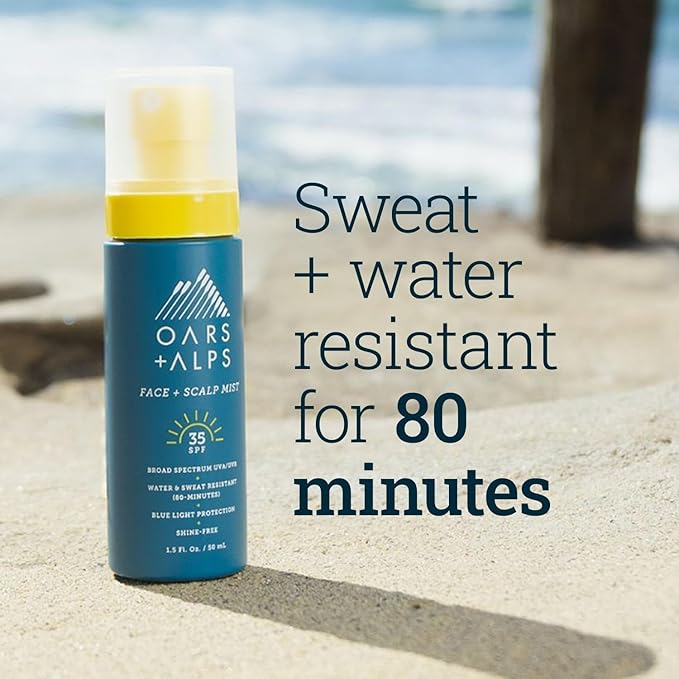 Oars + Alps Face & Scalp Sunscreen Spray Mist, SPF 35 Facial & Hair Sunscreen, Protects from Blue Light, Incfused with Aloe Vera + Cucumber, Water & Sweat Resistant, Summer Splash Scent, 2pk
