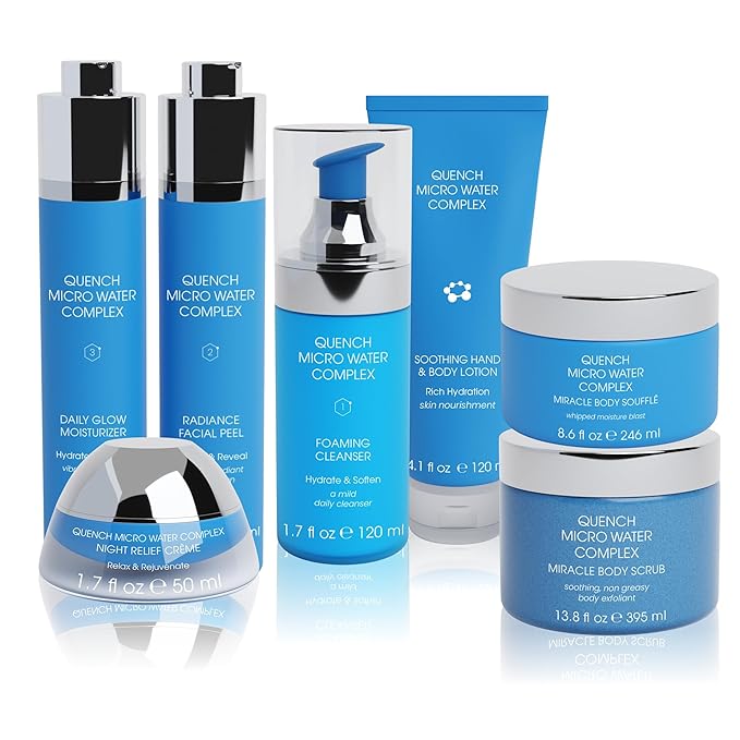 Quench 7 Piece Skincare Set - Japanese Onsen Volcanic Hydration and Anti Aging Skin Care Set with Cleanser, Facial Peel, Moisturizer, Night Cream