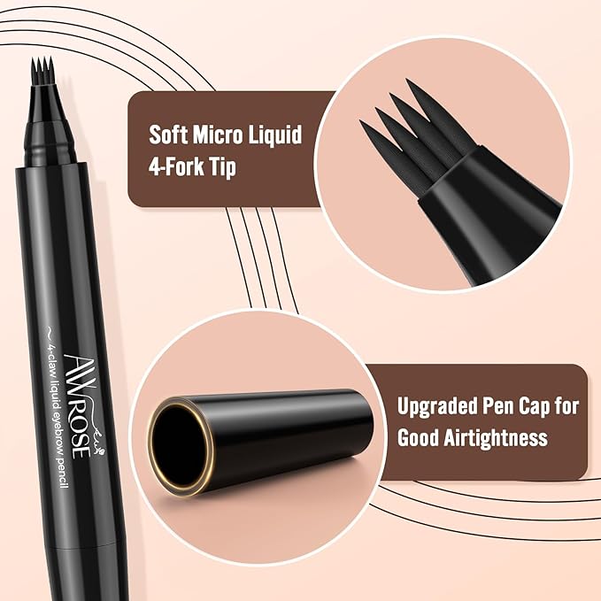 AWROSE Eyebrow Pencil, 3D Waterproof Microblading Eyebrow Pen 4 Fork Tip Tattoo Pencil, Precise Natural Brow Magic Eyebrow Pencil with Hair Like Strokes, 4 Points Multi-Used Eye Brow Pencils for Women