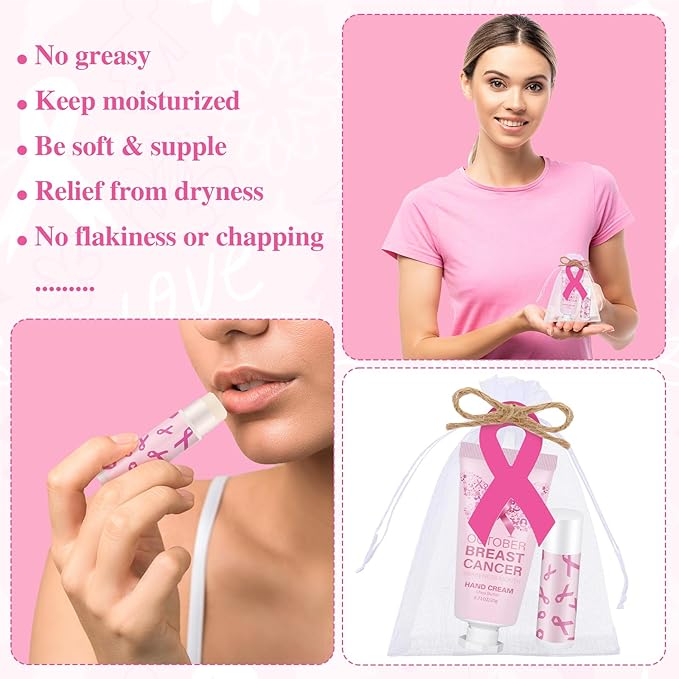 50 Set Breast Cancer Awareness Gifts Bulk Woman Pink Ribbon Lip Balm Hand Cream Include 50 Lip Balm 50 Hand Cream 50 Bag 50 Tag Breast Cancer Awareness Month Items Survivors Offices