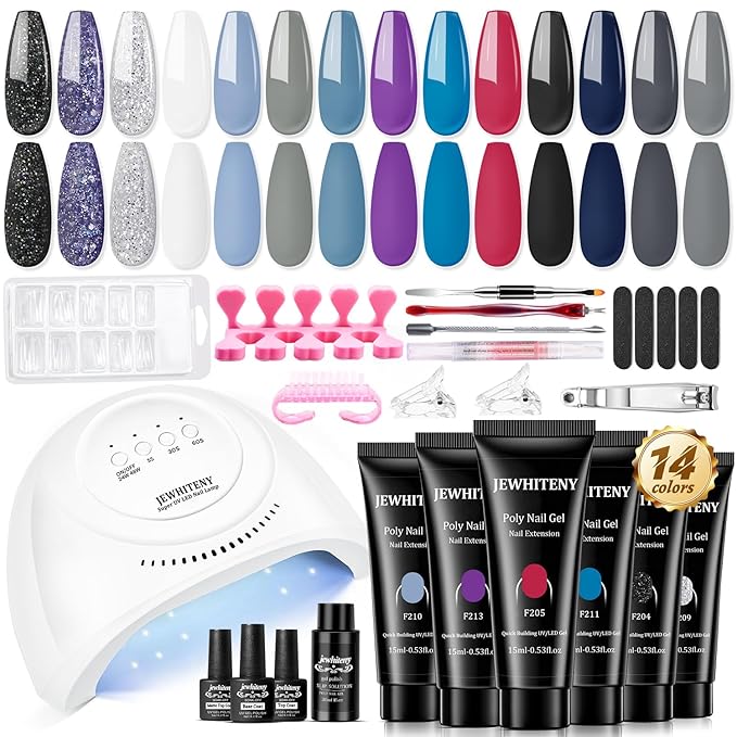 JEWHITENY Poly Nail Gel Kit 14 Colors Purple Nude Grey Black Blue Glitter Tones Starter Kit with UV Lamp Matte & Glossy Top & Base Coat All-in-One Designs DIY At Home