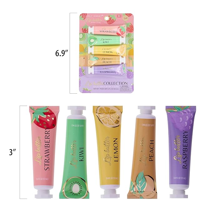 Expressions 5pc Lip Butter Collection - Simply Sweet Fruit Flavored Lip Butter Balm Set | Moisturizing Squeeze Tube Lip Butters for Everyday Lip Care and Lip Repair