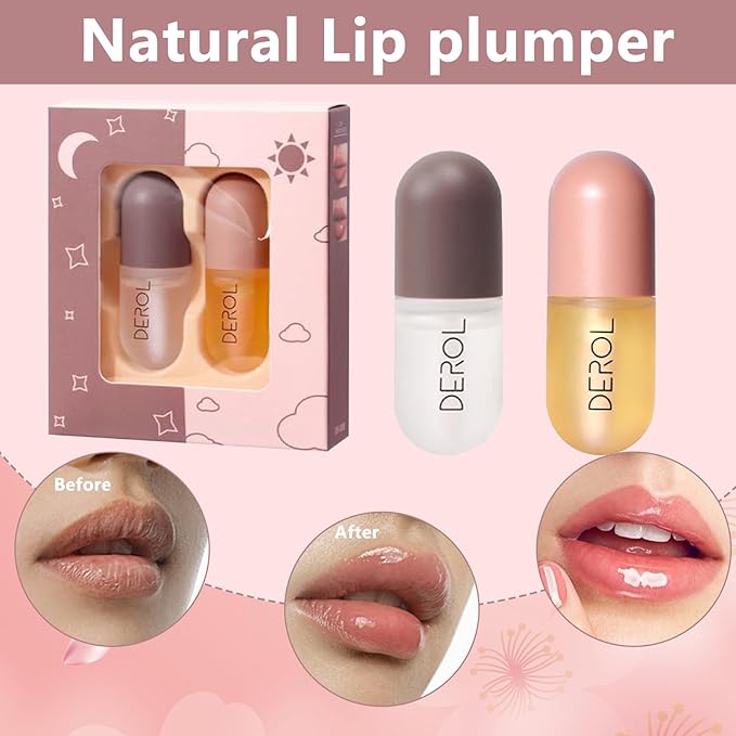 DEROL 2Pcs Natural Lip Plumper, Plant Extracts Plumping Lip Serum, Lip Enhancer Including Day and Night Lip Plumping Balm, Lip Care Serum for Fuller & Hydrated Sexy Lip (5.5MLX2)