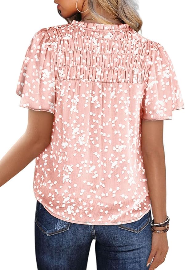 SHEWIN Women's Casual V Neck Floral Print Smocked Short Sleeve Chiffon Blouses Bohemian Top Shirts