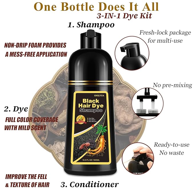 Instant Black Hair Dye Shampoo 3- in-1, 100 Percent Gray Coverage, Magic in 15 Minutes for All Types, Natural Women & Men, Color Depositing Conditioner, Easy to Use