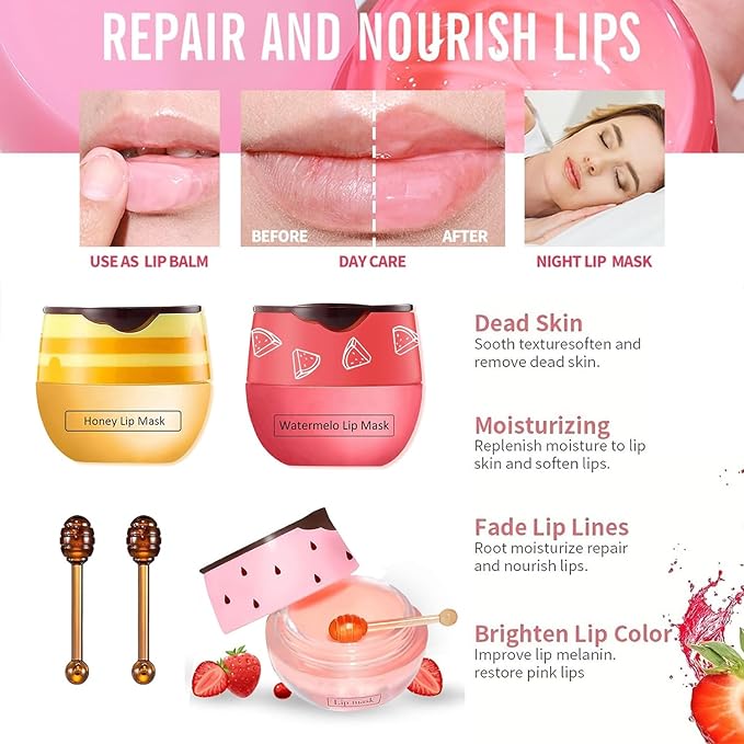 Bee Lip Balm Honey Pot, Watermelon Sleeping Lip Mask Overnight Hydrating Dry and Crack Lip Exfoliator Scrubs Propolis Lip Balm (Watermelon)
