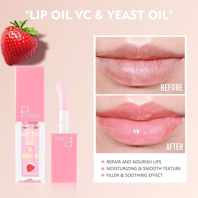 Pudaier 3Pcs Lip Care Kit with Coconut Lip Mask Caramel Lip Scrub Strawberry Lip Oil for Shiny and Nourishing Lips, Dry Lips Treatment, Moisturizing Lip Care For All Day Hydration