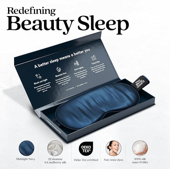 Pure Silk Sleep Mask [100% 6A Mulberry Silk, 22 Momme] Light Blocking Travel Essentials. Eye Masks for Sleeping. Black Oeko-Tex Blindfold. Eye Covers for Men & Women