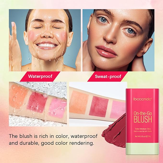 Multi-Use Makeup Blush Stick, Tinted Solid Moisturizer On-the-Go Blush, Multi-use Cream Blush Stick for Cheek & Eyes & Lips, Waterproof Natural Nude Makeup for All Skin (2# Hot Red)