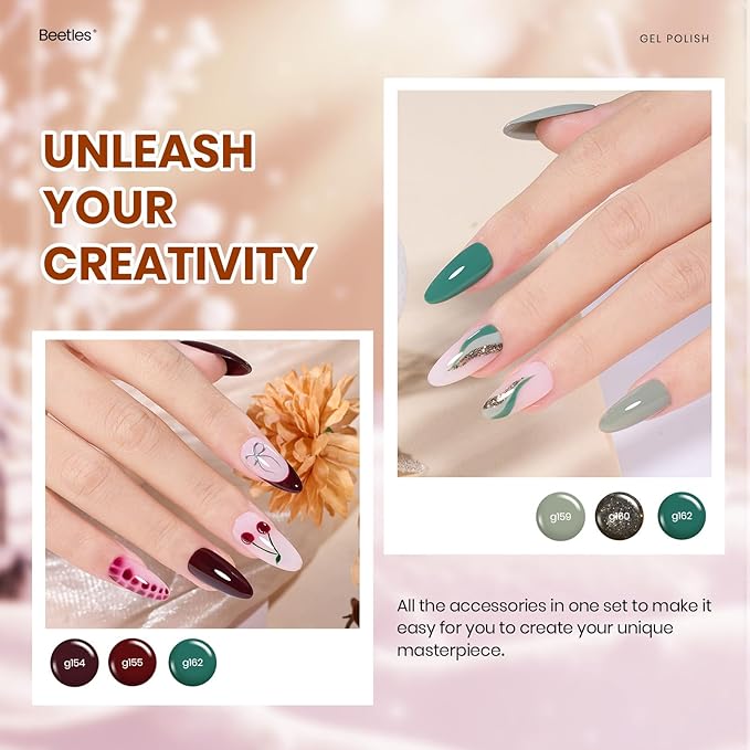 Beetles Fall Gel Nail Polish Set – 20 Colors Brown Burgundy Red Green Orange Glitter Winter Gel Polish, Soak Off UV LED Gel Polish Kit with Base Coat Glossy Matte Top Coat Manicure Gift for Women