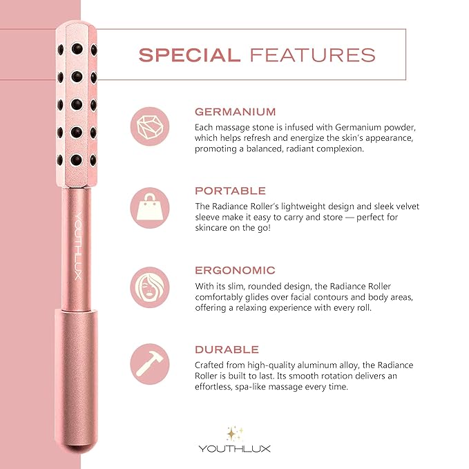 Radiance Roller - Germanium Stone Uplifting Face Beauty Massage Tool/Roller/Wand for Skin Tightening, De-Puffing, Sculpt/Lift, Anti-Aging | Uplift Face Roller, Facial Roller (Rose Gold)