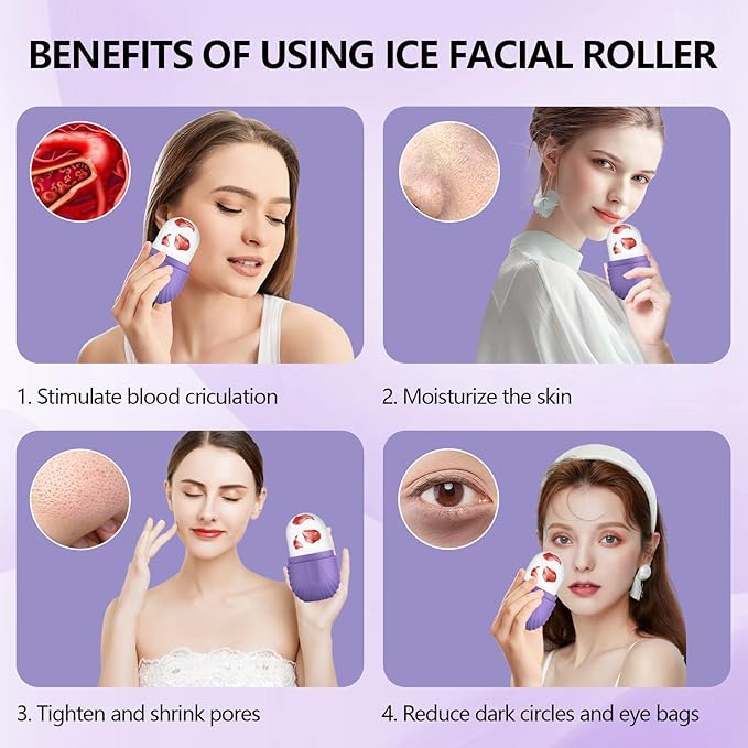 Ice Roller for Face and Eye, Silicone Ice Facial Roller Ice Holder, Face Ice Mold Skin Care, Face Icers Reusable Ice Cube Roller for Shrink Pores Anti Wrinkle Reduce Puffiness, Purple