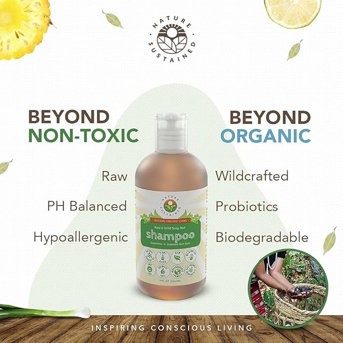 Organic Shampoo - Raw & Wildcrafted with Probiotics, Hypoallergenic Natural & Sulfate Free Shampoo for Sensitive Scalp, Dry Hair, Dandruff, Eczema & Psoriasis, 9oz, Lemongrass