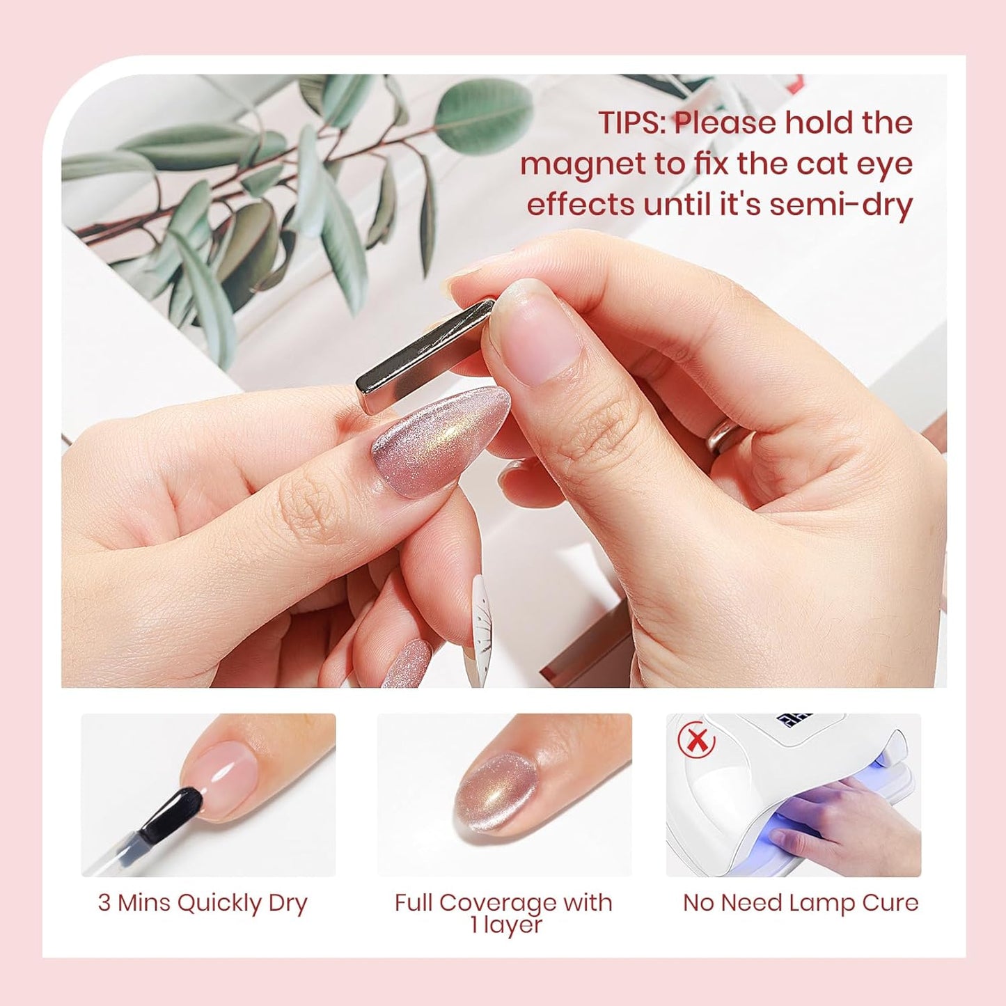 Coupled Pink Cat Eye Nail Polish Non Gel with Magnet Quick Dry Magnetic Nail Polish for Fingernail Air Drying Fast Lacquer Manicure Gift For Women Girls 16ml, 0.54fl oz