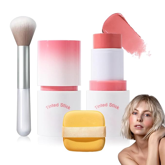 Cream Blush Stick with Brush and Makeup Sponge,Waterproof Multi Cream Makeup Stick,Lightweight,Long-lasting,2 in 1 Multi Blush for Cheeks & Lip Tint & Eyeshadow M