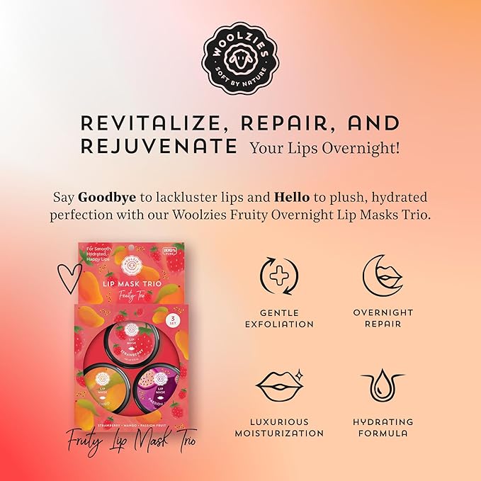 Overnight Lip Sleeping Masks Trio - Set of 3 All Natural Hydrating Lip Treatment - Overnight Repair for Soft, Smooth, Hydrated Lips (3 Pack, Fruity Trio)