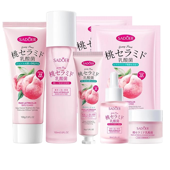 Peach Skincare Sets For Teen Girls, Complete Skin Care Routine With Facial Moisturizer, Face Cleanser, Face Mask, Peach Serum, Hand Cream & Toner, 7-In-1 Facial Skincare Set For Women
