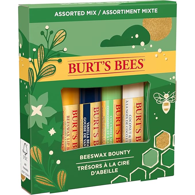 Burt's Bees Holiday Gift, 4 Lip Balms Stocking Stuffer, Assorted Mix Set, Classic Beeswax, Vanilla, Cucumber Mint & Coconut And Pear