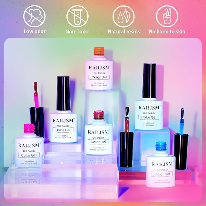 RARJSM Colorful Stained Glass Gel Nail Polish Set 6pcs Clear Crytal Blue Green Yellow Orange Red Neon Pink Series Transparent Sheer Amber Milky Gel Varnish LED UV Curing Requires French Manicure