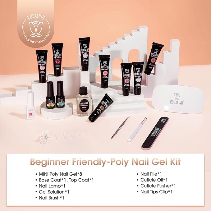 ROSALIND Poly Nail Gel Kit -8 Colors + Nail Art Accessories Kit Neon Poly Nails Gel Kit Starter Kit With Slip Solution Pro Clear Bright Colors Nail Extensions Gel Set with Mini UV Lamp