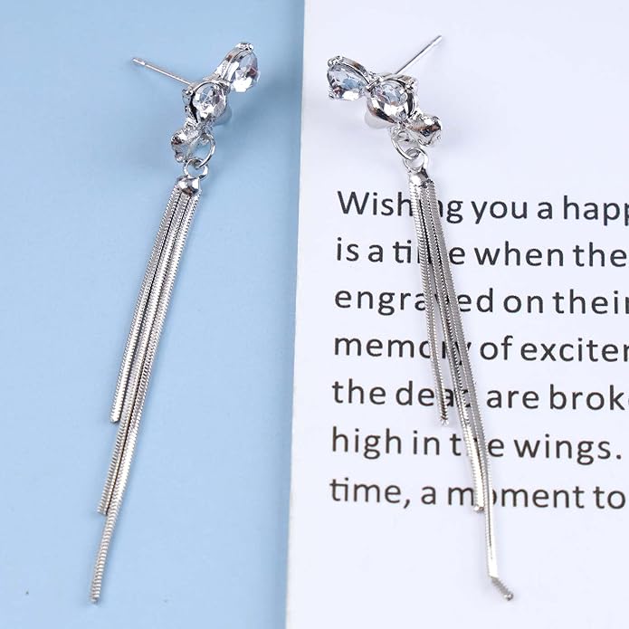 Vintage Crystal Bow Chain Drop Earrings Rhinestone Heart Stud Earrings Silver Long Chain Tassel Earrings Sparkly Cz Bridal Earrings Jewelry for Women