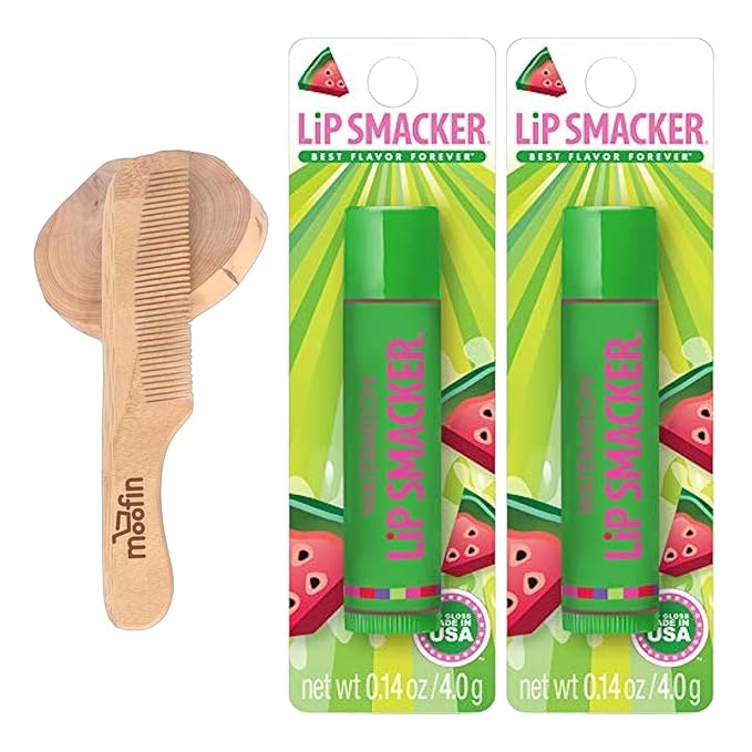 Lip Smacker Water melon Flavored Balm, Glossy Balm for Soft, Shiny s, gloss Hydrating Clear Shine, Built in USA, Bundle with Moofin Wooden Comb, skin care [Pack of 2]