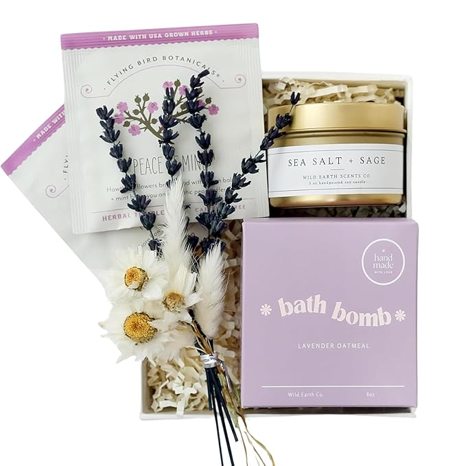 Unboxme Gifts Mini Lavender Spa Gift Set - Relaxation Gift Basket for Women - Self Care Package with Lavender Candle, Bath Bomb, Soap, Greeting Card & More