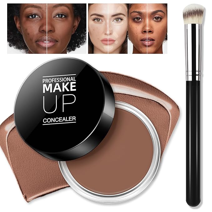 Cream Concealer Full Coverage Makeup, Matte Color Correcting Concealer with Brush, Waterproof, Conceals Blemish, Pores and Spots, Under Eye Makeup Concealer for Dark Circles (#07 DEEP)
