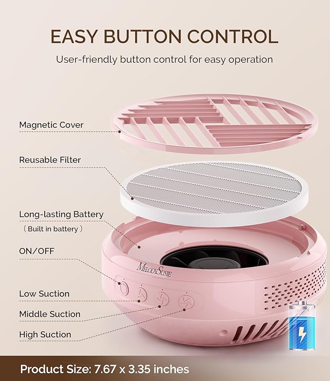 MelodySusie Cordless Nail Dust Collector,Compact Vacuum Fan Rechargeable Dust Collector with Reusable Filter,SProR Powerful Dust Suction Machine for Acrylic Gel Polish Manicure Pedicure at Salon&Home
