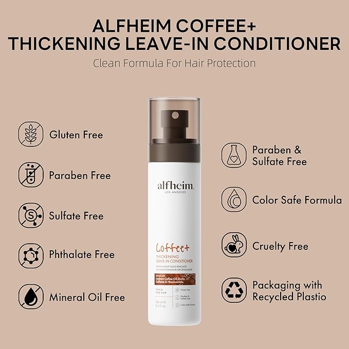 ALFHEIM Coffee+ Thickening Leave-In Conditioner | Biotin & Caffeine for Hair Growth & Strength | Lightweight, Nourishing & Volumizing Spray | Sulfate-Free, Paraben-Free | 5.4 oz
