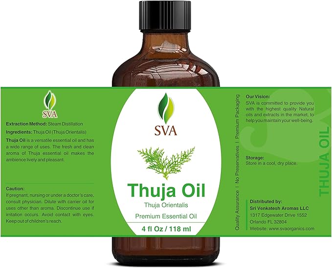 SVA Thuja Essential Oil – 4 Fl Oz – 100% Natural Thuja Oil - for Diffuser, Hair Care, Face, Skin Care, Aromatherapy, Scalp and Body Massage, Soap and Candle Making – with Dropper