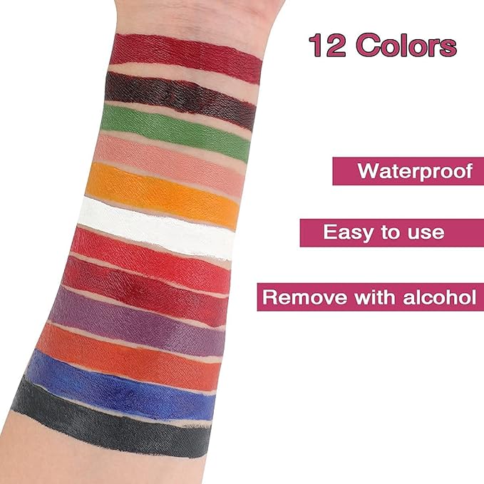 Depvision Alcohol Activated Face Paint SFX Makeup 12 color for Special Effects Wound Bruise Waterproof Professional Makeup Artist with Color Palette Sponges Brushes Skin Illustrator