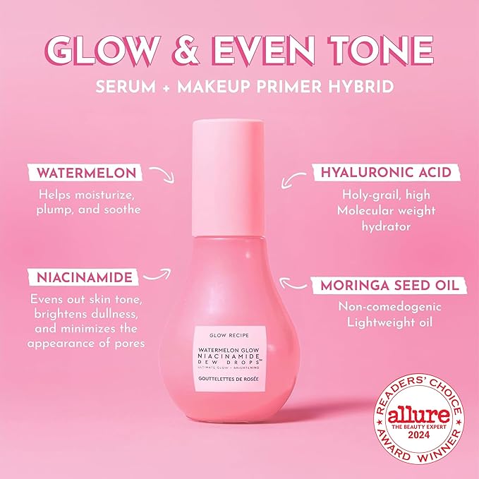 Glow Recipe Watermelon Niacinamide Dew Drops - Brightening, Plumping Hydrating Face Serum, Makeup Primer + Liquid Highlighter with Hyaluronic Acid - Dewy & Glowing Korean Skin Care (40ml)