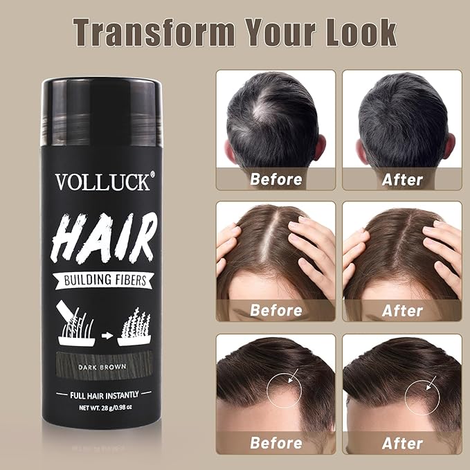 VOLLUCK Hair Fibers for Thinning Hair, Instant Coverage Hair Building Fibers for Women and men, Natural Hair Powder for Conceal Hair Loss 28 g (Dark Brown)