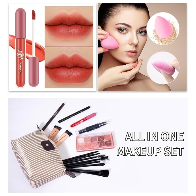 Makeup Kit For Girls Teens Women, Makeup Set, Makeup Present, Includes Eyeshadow Palette, Foundation, Eyebrow Pencil, Eyeliner, Lip Gloss, Counter Stick, Makeup Brush Set Bag & Sponge