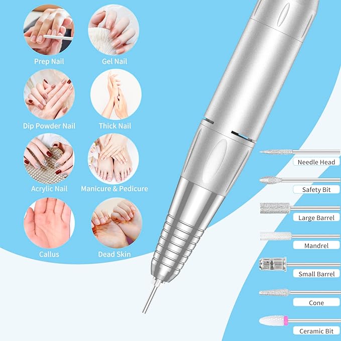 Portable Nail Drill Professional, 35000 RPM Rechargeable Electric Nail File Machine E File for Acrylic Nails Gel Polishing Removing, Cordless E-file with Bits Kit for Manicure Salon Home,Blue