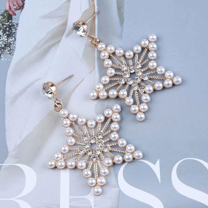 Vintage Pearl Star Drop Earrings Crystal Star Dangle Earrings Gold Rhinestone Stud Earrings Bohemian Large Star Statement Earrings Jewelry for Women and Girls Gifts