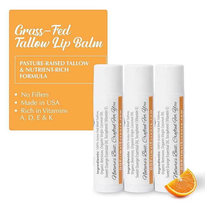 Moisturizing Tallow Lip Balm – Grass-Fed Beef Tallow with Organic Coconut Oil, Beeswax, and Vitamin E – Sweet Orange – Lip Balm Set – Travel Essential – 3-Pack