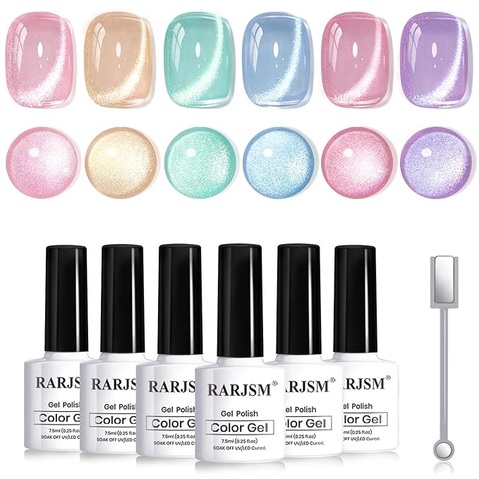 RARJSM Glass Jelly Cat Eye Gel Nail Polish Set 6pcs Reflective Sparkly Diamond Glitter Nude Pink Lake Blue Green Purple Clear Cateye Gelpolish with Magnet Stick 7.5ml Curing Requires for Home Salon