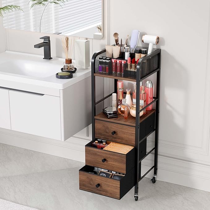 HapiRm Rolling Makeup Cart Organizer - Floor Skincare Make Up Storage with 3 Drawers, Vanity Organizer Cosmetic Display Cases Holder for Skin Care Perfume Nail Polish Brush Hair Tool