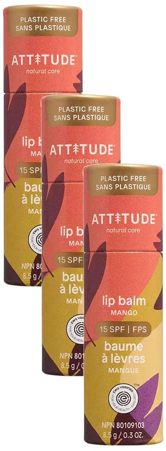 ATTITUDE Plastic-free Lip Balm with Sun Protection SPF 15, EWG Verified, Plant- and Mineral-Based Ingredients, Vegan and Cruelty-free, Mango, 0.3 Oz (Pack of 3)