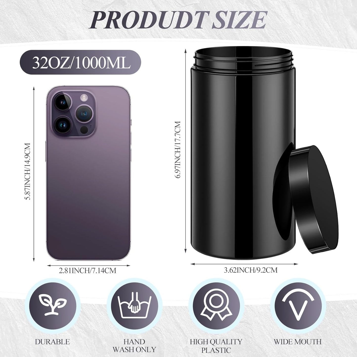 Patelai 4 Pieces Round Wide-mouth Leak Proof Plastic Container Jars with Lids for Travel Storage Makeup Beauty Products Face Creams Oils Salves Ointments DIY Making(32 Ounce,Pure Black)